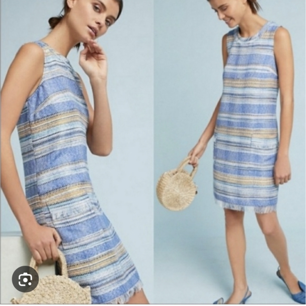Anthropologie Akemi + Kin Woven Shift Dress Sz 0 Blue Striped Summer Sleeveless